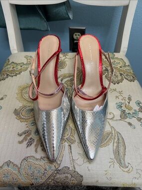 Zara Silver Pointed Slingback Heels with Red Trim